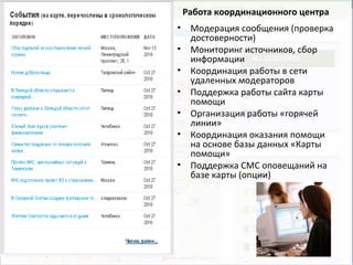 Работа координационного центра
• Модерация сообщения (проверка
достоверности)
• Мониторинг источников, сбор
информации
• Координация работы в сети
удаленных модераторов
• Поддержка работы сайта карты
помощи
• Организация работы «горячей
линии»
• Координация оказания помощи
на основе базы данных «Карты
помощи»
• Поддержка СМС оповещаний на
базе карты (опции)
 