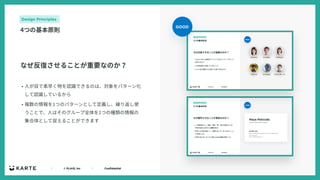 ｜ © PLAID, Inc ｜ Confidential
• ⼈が⽬で素早く物を認識できるのは、対象をパターン化
して認識しているから
• 複数の情報を1つのパターンとして定義し、繰り返し使
うことで、⼈はそのグループ全体を1つの種類の情報の
集合体として捉えることができます
Design Principles
4つの基本原則
GOOD
なぜ反復させることが重要なのか？
 