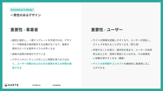 ｜ © PLAID, Inc ｜ Confidential
Consistency in Design
⼀貫性のあるデザイン
• 最初に設計し、⼀度テンプレートを作成すれば、デザイ
ナーや開発者が毎回製作する必要がなくなり、接客の
提供スピード＆提供サイクルが早くなる
• 接客の品質の担保ができている
• デザインやコーディングのことに時間を使うのではな
く、ユーザー体験の向上のための施策を考える時間を確
保できる
重要性 - 事業者
• サイトの情報を認識しやすくなり、ユーザーが混乱し、
ストレスを抱えることがなくなる（⾒た⽬）
• 学習することを助け、操作性が⾼まり、ユーザーの効率
性も向上させ、信⽤や満⾜にもつながる。その結果良
い体験を得やすくなる（機能）
• サイトの世界観やコンセプトを継続的に直接感じるこ
とができる
重要性 - ユーザー
 