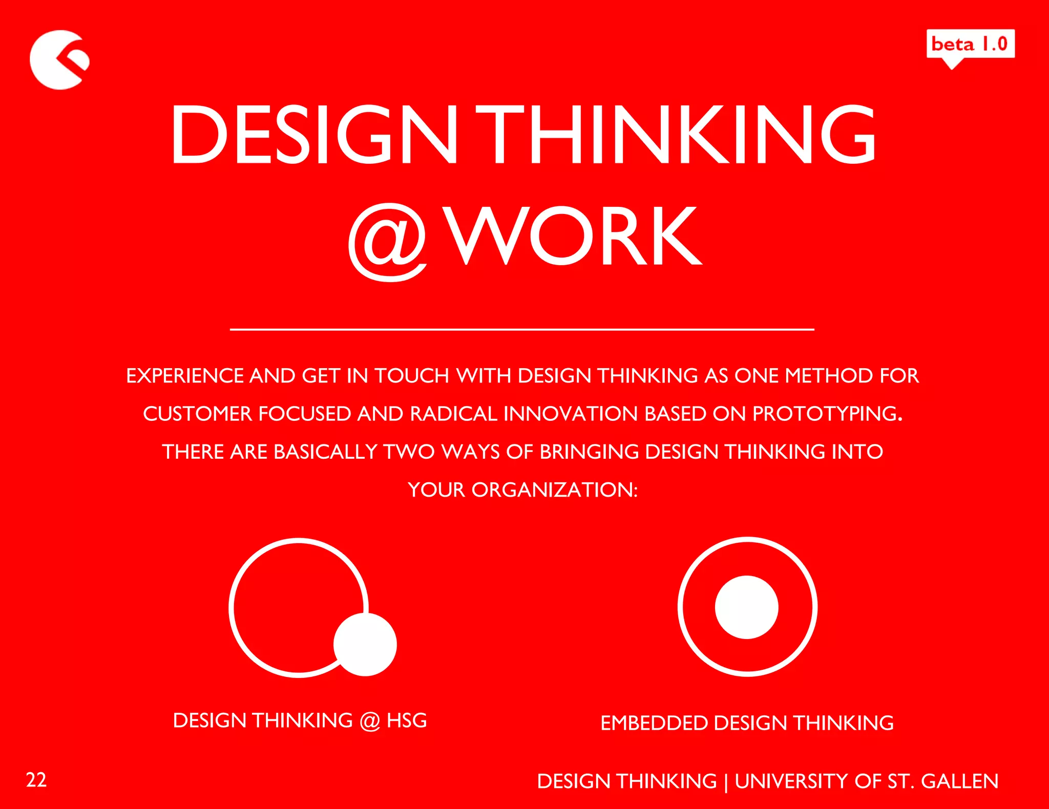 DESIGN THINKING
            @ WORK
     EXPERIENCE AND GET IN TOUCH WITH DESIGN THINKING AS ONE METHOD FOR
      CUSTOMER FOCUSED AND RADICAL INNOVATION BASED ON PROTOTYPING.
       THERE ARE BASICALLY TWO WAYS OF BRINGING DESIGN THINKING INTO
                            YOUR ORGANIZATION:




        DESIGN THINKING @ HSG               EMBEDDED DESIGN THINKING

22                                     DESIGN THINKING | UNIVERSITY OF ST. GALLEN
 