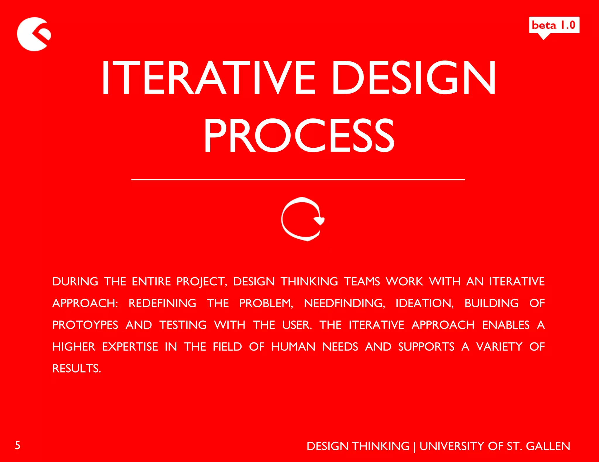 ITERATIVE DESIGN
               PROCESS

    DURING THE ENTIRE PROJECT, DESIGN THINKING TEAMS WORK WITH AN ITERATIVE
    APPROACH: REDEFINING THE PROBLEM, NEEDFINDING, IDEATION, BUILDING OF
    PROTOYPES AND TESTING WITH THE USER. THE ITERATIVE APPROACH ENABLES A
    HIGHER EXPERTISE IN THE FIELD OF HUMAN NEEDS AND SUPPORTS A VARIETY OF
    RESULTS.




5                                       DESIGN THINKING | UNIVERSITY OF ST. GALLEN
 
