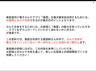 2
美容室向け電子カルテアプリ「美歴」を最大限有効活用するためには、
お客様とカルテ共有できるかが最大のポイントとなります。
カルテ共有をするためには、お客様に「美歴」の魅力を知っていただき
、アプリをダウンロードしていただく流れをいかに作るか...