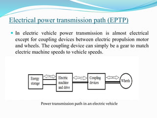 Electrical power transmission path (EPTP)
 In electric vehicle power transmission is almost electrical
except for coupling devices between electric propulsion motor
and wheels. The coupling device can simply be a gear to match
electric machine speeds to vehicle speeds.
Power transmission path in an electric vehicle
 