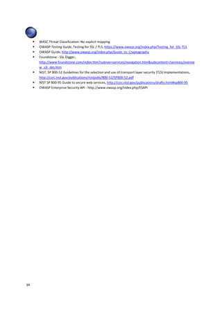 WASC Threat Classification: No explicit mapping
     OWASP Testing Guide, Testing for SSL / TLS, https://www.owasp.org/index.php/Testing_for_SSL-TLS
     OWASP Guide, http://www.owasp.org/index.php/Guide_to_Cryptography
     Foundstone - SSL Digger,
     http://www.foundstone.com/index.htm?subnav=services/navigation.htm&subcontent=/services/overvie
     w_s3i_des.htm
     NIST, SP 800-52 Guidelines for the selection and use of transport layer security (TLS) Implementations,
     http://csrc.nist.gov/publications/nistpubs/800-52/SP800-52.pdf
     NIST SP 800-95 Guide to secure web services, http://csrc.nist.gov/publications/drafts.html#sp800-95
     OWASP Enterprise Security API - http://www.owasp.org/index.php/ESAPI




34
 