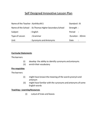 Karthika self designed innovative lesson plan | DOCX