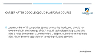 CAREERAFTERGOOGLECLOUDPLATFORMCOURSE
Largenumber ofIT companiesspreadacrosstheWorld,youshouldnot
haveanydoubt onshortageofGCPjobs.IT technologiesisgrowingand
thereahugedemandfor GCPengineers.GoogleCloudPlatformhasmore
than70%ofthemarketsshareintermsofprovidingservices.
www.apponix.
 