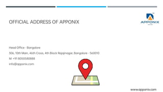 OFFICIALADDRESSOFAPPONIX
HeadO ce-Bangalore
306,10thMain,46thCross,4thBlockRajajinagar,Bangalore-560010
M:+918050580888
info@apponix.com
www.apponix.com
 