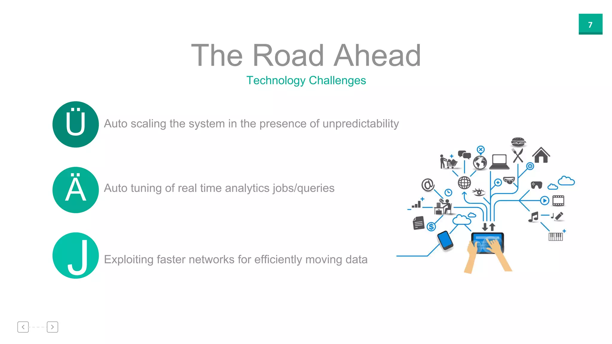 Auto scaling the system in the presence of unpredictability
7
Technology Challenges
The Road Ahead
Auto tuning of real time analytics jobs/queries
Exploiting faster networks for efficiently moving data
Ä
Ü
J