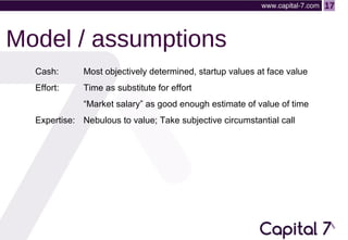 17

Model / assumptions
Cash:

Most objectively determined, startup values at face value

Effort:

Time as substitute for ...