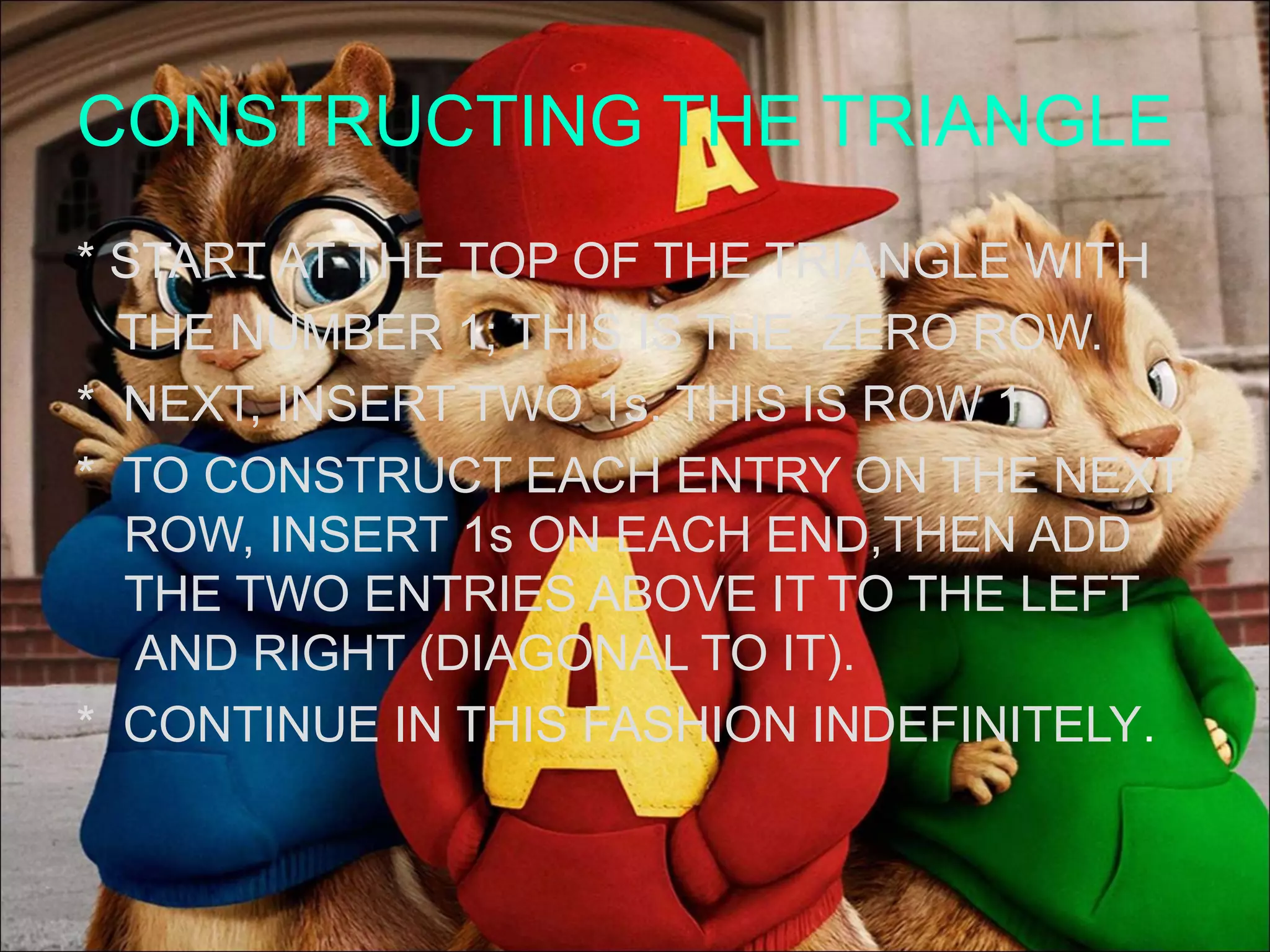 CONSTRUCTING THE TRIANGLE
* START AT THE TOP OF THE TRIANGLE WITH
THE NUMBER 1; THIS IS THE ZERO ROW.
* NEXT, INSERT TWO 1s. THIS IS ROW 1.
* TO CONSTRUCT EACH ENTRY ON THE NEXT
ROW, INSERT 1s ON EACH END,THEN ADD
THE TWO ENTRIES ABOVE IT TO THE LEFT
AND RIGHT (DIAGONAL TO IT).
* CONTINUE IN THIS FASHION INDEFINITELY.
 