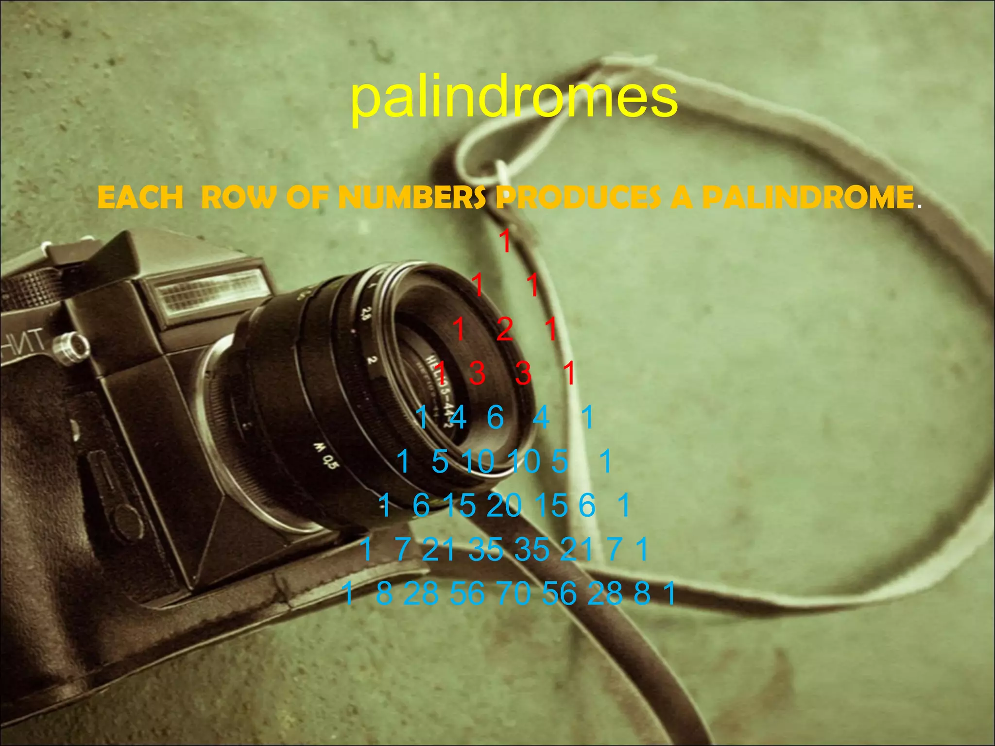palindromes
EACH ROW OF NUMBERS PRODUCES A PALINDROME.
1
1 1
1 2 1
1 3 3 1
1 4 6 4 1
1 5 10 10 5 1
1 6 15 20 15 6 1
1 7 21 35 35 21 7 1
1 8 28 56 70 56 28 8 1
 