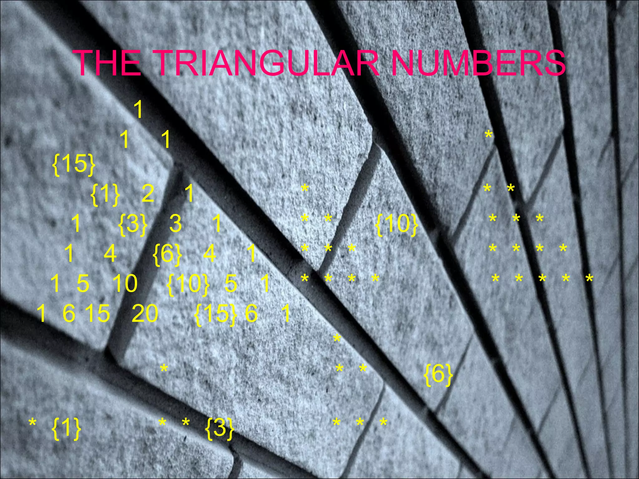 THE TRIANGULAR NUMBERS
1
1 1 *
{15}
{1} 2 1 * * *
1 {3} 3 1 * * {10} * * *
1 4 {6} 4 1 * * * * * * *
1 5 10 {10} 5 1 * * * * * * * * *
1 6 15 20 {15} 6 1
*
* * * {6}
* {1} * * {3} * * *
 