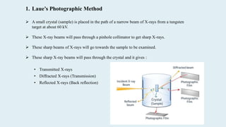 Pinhole Crystal Mpat -X ray diffraction method (laue's and powder method) others are ...