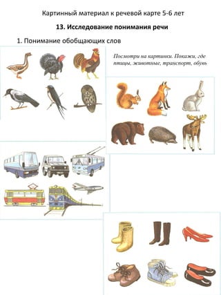 Картинный материал к речевой карте 5-6 лет
13. Исследование понимания речи
1. Понимание обобщающих слов
Посмотри на картинки. Покажи, где
птицы, животные, транспорт, обувь
 