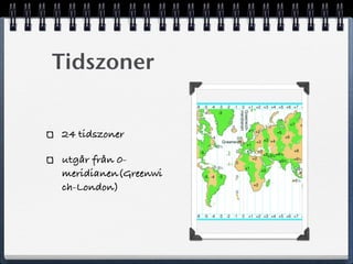 Tidszoner


24 tidszoner

utgår från 0-
meridianen(Greenwi
ch-London)
 