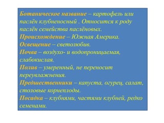 Ботаническое название – картофель или
паслѐн клубненосный . Относится к роду
паслѐн семейства паслѐновых.
Происхождение – Южная Америка.
Освещение – светолюбив.
Почва – воздухо- и водопроницаемая,
слабокислая.
Полив – умеренный, не переносит
переувлажнения.
Предшественники – капуста, огурец, салат,
столовые корнеплоды.
Посадка – клубнями, частями клубней, редко
семенами.

 