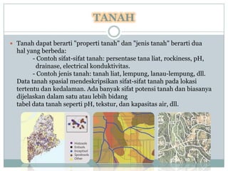 TANAH

 Tanah dapat berarti "properti tanah" dan "jenis tanah" berarti dua
  hal yang berbeda:
        - Contoh sifat-sifat tanah: persentase tana liat, rockiness, pH,
         drainase, electrical konduktivitas.
        - Contoh jenis tanah: tanah liat, lempung, lanau-lempung, dll.
  Data tanah spasial mendeskripsikan sifat-sifat tanah pada lokasi
  tertentu dan kedalaman. Ada banyak sifat potensi tanah dan biasanya
  dijelaskan dalam satu atau lebih bidang
  tabel data tanah seperti pH, tekstur, dan kapasitas air, dll.




                      Histosols
                      Entisols
                      Inceptisol
                      Spodosols
                      Other
 