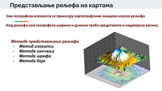 Представљање рељефа на картама
Сви географски елементи се приказују картографским знацима изузев рељефа
Код рељефа сем географске ширине и дужине треба представити и надморску висину
Методе представљања рељефа
- Метод изохипси
- Метода сенчања
- Метода шрафа
- Метода боја
 
