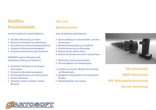 Straffere                                           Zeit- und

Prozessabläufe                                      Kostenersparnis

sind die Grundlage für weiteres Wachstum            durch weitgehende Automatisierung

•   Schnellere Übermittlung von Daten               • Rasche Erstellung von übersichtlichen, aktuellen
•   Kürzere Durchlaufzeiten von Bestellungen          Auswertungen
•   Vereinfachte und sicherere Auftragsabwicklung   • Aktuelle Geschäftszahlen auf Knopfdruck
•   Integriertes Warenbestandsmanagement            • Schnelle Auswertung von Kennzahlen
•   Automatische Archivierung aller Dokumente       • Reduzierung der offenen Posten
                                                    • Verbesserter Kundenservice durch zentrale Daten
KARTOSOFT integriert Warenwirtschaft,
Lagerhaltung, Planung und Produktion.               • Übersichtlich und benutzerfreundlich
                                                    • Raschere Reaktion auf Kundenwünsche
• Einheitliche Datenbasis für das gesamte
  Unternehmen                                       • Schneller und genauer Überblick über Aufträge                  EDI-Schnittstelle
• Integriertes Dokumentenmanagement                   und Warenbestand
• Beschleunigte Prozesse und niedrige Kosten        • Beleggenaue Dokumentation aller hergestellten               DATEV-Schnittstelle
• Intuitive Bedienung                                 Produkte
• Skalierbare Lösung unterstützt weiteres           • Rückverfolgbarkeit aller Chargen                   BDE (Betriebsdatenerfassung)
  Wachstum
                                                                                                                  Barcode-Abwicklung
 