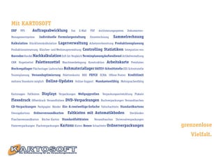 Mit KARTOSOFT
ERP    PPS      Auftragsabwicklung            Fax   E-Mail   PDF   Archivierungssystem    Dokumenten-

Managementsystem      Individuelle Formulargestaltung        Einzelrechnung   Sammelrechnung
Kalkulation Stücklistenkalkulation   Lagerverwaltung         Arbeitsvorbereitung Produktionsplanung

Produktionssteuerung Klischee- und Werkzeugverwaltung   Controlling Statistiken          Integration von

Barcodes Handel Nachkalkulation Soll-Ist-Vergleich Terminplanung Außendienst Artikelverwaltung

CRM Stapelzettel    Palettenzettel      Maschinenbelegung Konstruktion   Arbeitskarte        Preislisten

Hochregallager Flächenlager Lieferschein Rohmateriallager DATEV-Schnittstelle EDI-Schnittstelle

Tourenplanung Versandoptimierung Palettenkonto BDE FEFCO ECMA Offene Posten Kreditlimit

mehrere Standorte möglich   Online-Updates       Online-Support Mandantenfähig Mehrsprachenfähig



Kartonagen Faltkisten   Displays     Verpackungen Wellpapprollen      Verpackungsentwicklung Plakate

Flexodruck      Offsetdruck Versandhülsen   DVD-Verpackungen         Buchverpackungen Versandtaschen

CD-Verpackungen Packpapier Bänder Ein- & zweiwellige Gefache Faltschachteln Standardkartons

Umzugskartons      Ordnerversandkarton       Faltkisten mit Automatikboden                  Steckboden

Flaschenversandkarton Bücher Karton Standardfaltkisten          Versandtaschen Universalverpackungen

Fixierverpackungen Flachverpackungen   Kartons Kisten Boxen Schachteln Ordnerverpackungen                  grenzenlose
                                                                                                              Vielfalt.
 