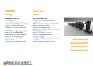 Efektivnější                                       Úspora času a

procesy                                            nákladů

jsou základem dalšího růstu                        díky rozsáhlé automatizaci
• rychlejší přenos dat                             • Rychlé vytvoření přehledých a aktuálních
• kratší doby zpracování objednávek                  vyhodnocení
• zjednodušená a spolehlivější realizace zakázky   • Aktuální obchodní výsledky po stisknutí tlačítka
• integrovaný management zásob zboží               • Rychlé vyhodnocení ukazatelů
• automatické archivování všech dokumentů          • Zredukování nesplacených faktur
                                                   • Zlepšený servis zákazníkům pomocí centrálních dat
KARTOSOFT integruje nákup a prodej,                • Přehledný a jednoduchý
správu skladu, plánování a výrobu.                 • Rychlá reakce na přání zákazníků
• Jednotná datová báze pro celou společnost        • Rychlý a přesný přehled o zakázkách
• Integrovaný management dokumentů                   a zásobách na skladu
• Urychlené procesy a nižší náklady                • Dokladově přesná dokumentace všech vyrobených
• Intuitivní obsluha                                 výrobků                                                Možnost spojení s EDI
• Odstupňované řešení podporuje další růst         • Možnost zpětného vysledování všech šarží
                                                                                                         Možnost spojení s DATEV

                                                                                                         Evidence provozních dat

                                                                                                         Používání čárových kódù
 