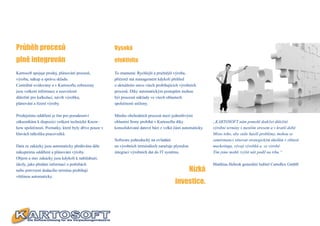 Průběh procesů                                        Vysoká

plně integrován                                       efektivita

Kartosoft spojuje prodej, plánování procesů,          To znamená: Rychlejší a pružnější výroba,
výrobu, nákup a správu skladu.                        přičemž má management kdykoli přehled
Centrálně evidovány a v Kartosoftu zobrazeny          o aktuálním stavu všech probíhajících výrobních
jsou veškeré informace a souvislosti                  procesů. Díky automatickým postupům mohou
důležité pro kalkulaci, návrh výrobku,                být procesní náklady ve všech oblastech
plánování a řízení výroby.                            společnosti sníženy.

Prodejnímu oddělení je tím pro poradenství            Mnoho obchodních procesů mezi jednotlivými
zákazníkům k dispozici veškeré technické Know-        oblastmi firmy probíhá v Kartosoftu díky               „KARTOSOFT nám pomohl dodržet důležité
how společnosti. Poznatky, které byly dříve pouze v   konsolidované datové bázi z velké části automaticky.   výrobní termíny s menším stresem a v kratší době.
hlavách několika pracovníků.                                                                                 Místo toho, aby stále hasili problémy, mohou se
                                                      Software jednoduchý na ovládání                        zaměstnanci věnovat strategickým úkolům v oblasti
Data ze zakázky jsou automaticky předávána dále       na výrobních terminálech zaručuje plynulou             marketingu, vývoji výrobků a ve výrobě.
nákupnímu oddělení a plánování výroby.                integraci výrobních dat do IT systému.                 Tím jsme mohli zvýšit náš podíl na trhu.“
Objem a stav zakázky jsou kdykoli k nahlédnutí,
úkoly, jako předání informací o potřebách                                                                    Matthias Hebrok generální ředitel Cartoflex GmbH
nebo potvrzení dodacího termínu probíhají                                                          Nízká
většinou automaticky.
                                                                                         investice.
 