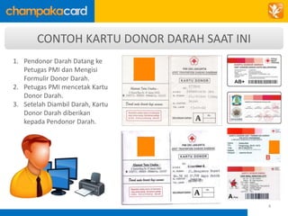 CONTOH KARTU DONOR DARAH SAAT INI 
1. Pendonor Darah Datang ke 
Petugas PMI dan Mengisi 
Formulir Donor Darah. 
2. Petugas PMI mencetak Kartu 
Donor Darah. 
3. Setelah Diambil Darah, Kartu 
Donor Darah diberikan 
kepada Pendonor Darah. 
4 
 