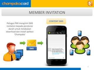 7 
MEMBER INVITATION 
Petugas PMI mengirim SMS 
invitation kepada pendonor 
darah untuk melakukan 
download dan install aplikasi 
SMS 
‘Champaka’ 
CONTENT SMS 
 