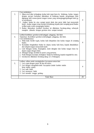 5
3.
Cara melakukan :
1. Sikap awal tidur terlungkup, kedua kaki rapat lurus ke belakang, kedua tangan
dengan jari-jari berkaitan diletakkan di belakang kepala, pergelangan kaki
dipegang oleh teman.(posisi tangan teman yang memegangpergelangan kaki yg
sit up dizoom)
2. Angkat badan ke atas sampai posisi dada dan perut tidak lagi menyentuh
lantai , kedua tangan tetap berada di belakang kepala.(dari samping posisi badan
terlihat pada waktu mengangkat badan)
3. Badan diturunkan kembali Gerakan ini dilakukan berulang-ulang sebanyak
mungkin. (dimulai dengan gerakan slow sampai normal)
4
4.
Latihan kombinasi gerakan sendi pinggul, pinggang, dan lutut
Tujuannya: Koordinasi gerakan sendi pinggul, pinggang, dan lutut.
Cara melakukannya:
a. Mula-mula berdiri tegak, kedua kaki dirapatkan dan kedua tangan di samping
badan.
b. Kemudian bungkukkan badan ke depan, kedua kaki lurus, kepala ditundukkan
dan telapak tangan menyentuh tanah.
c. Lalu hitungan kedua, berjongkok, tumit diangkat dan kedua tangan lurus ke
depan sejajar dengan bahu.
d. Hitungan ketiga, kembali ke posisi yang pertama.
e. Pada hitungan keempat, lentingkan badan ke belakang, kepala tengadah ke atas.
f. Gerakan ini dilakukan berulang-ulang (2 x 4 hitungan).
4
5.
Latihan- atihan untuk meningkatkan kecepatan antara lain:
1. Lari cepat dengan jarak 40 dan 60 meter.
2. Lari dengan mengubah-ubah kecepatan (mulai lambat makin
lama makin cepat).
3. Lari naik bukit.
4. Lari menuruni bukit.
5. Lari menaiki tangga gedung.
4
Total Skor 20
 