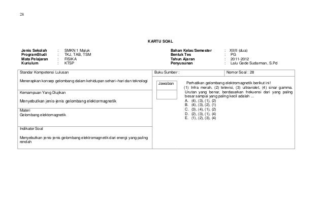 Kartu soal Ujian Sekolah Fisika SMKN 1 Maluk TP. 2011/2012