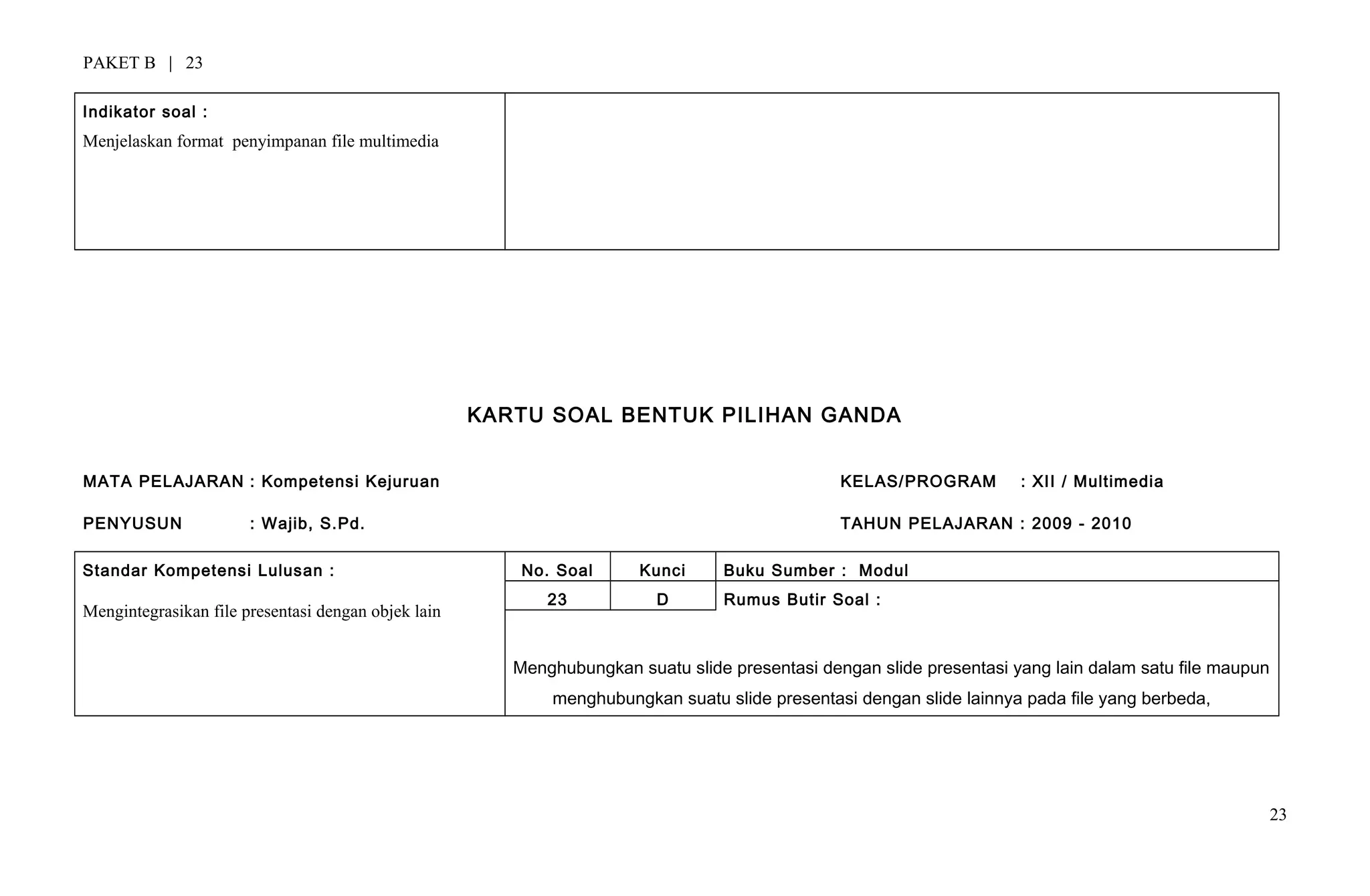 PAKET B | 23
Indikator soal :
Menjelaskan format penyimpanan file multimedia
KARTU SOAL BENTUK PILIHAN GANDA
MATA PELAJARAN : Kompetensi Kejuruan KELAS/PROGRAM : XII / Multimedia
PENYUSUN : Wajib, S.Pd. TAHUN PELAJARAN : 2009 - 2010
Standar Kompetensi Lulusan :
Mengintegrasikan file presentasi dengan objek lain
No. Soal Kunci Buku Sumber : Modul
23 D Rumus Butir Soal :
Menghubungkan suatu slide presentasi dengan slide presentasi yang lain dalam satu file maupun
menghubungkan suatu slide presentasi dengan slide lainnya pada file yang berbeda,
23
 