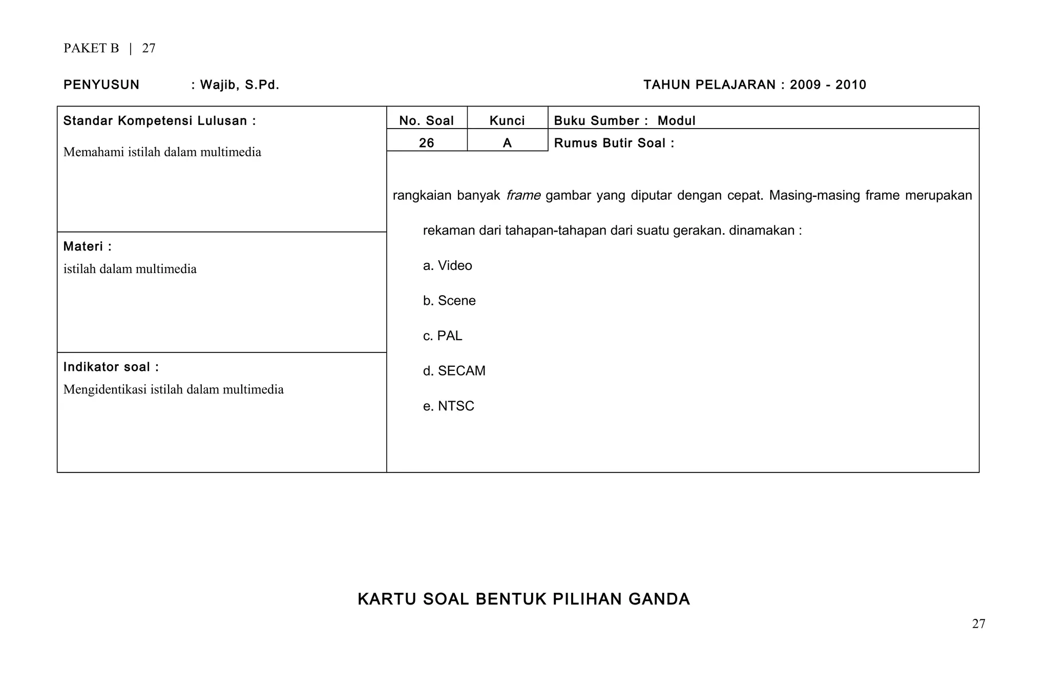 PAKET B | 27
PENYUSUN : Wajib, S.Pd. TAHUN PELAJARAN : 2009 - 2010
Standar Kompetensi Lulusan :
Memahami istilah dalam multimedia
No. Soal Kunci Buku Sumber : Modul
26 A Rumus Butir Soal :
rangkaian banyak frame gambar yang diputar dengan cepat. Masing-masing frame merupakan
rekaman dari tahapan-tahapan dari suatu gerakan. dinamakan :
a. Video
b. Scene
c. PAL
d. SECAM
e. NTSC
Materi :
istilah dalam multimedia
Indikator soal :
Mengidentikasi istilah dalam multimedia
KARTU SOAL BENTUK PILIHAN GANDA
27
 