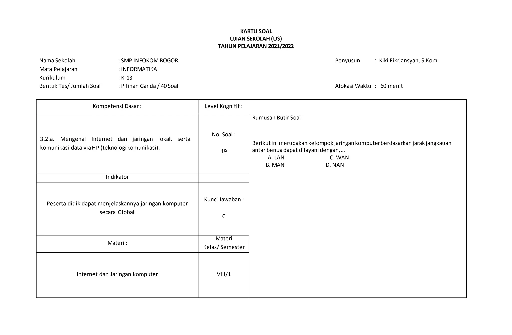 KARTU SOAL
UJIAN SEKOLAH (US)
TAHUN PELAJARAN 2021/2022
Nama Sekolah : SMP INFOKOMBOGOR Penyusun : Kiki Fikriansyah, S.Kom
Mata Pelajaran : INFORMATIKA
Kurikulum : K-13
Bentuk Tes/ Jumlah Soal : Pilihan Ganda / 40 Soal Alokasi Waktu : 60 menit
Kompetensi Dasar : Level Kognitif :
3.2.a. Mengenal Internet dan jaringan lokal, serta
komunikasi data viaHP (teknologikomunikasi).
No. Soal :
19
Rumusan Butir Soal :
Berikutini merupakankelompokjaringankomputerberdasarkanjarakjangkauan
antar benuadapat dilayani dengan,…
A. LAN C. WAN
B. MAN D. NAN
Indikator
Peserta didik dapat menjelaskannya jaringan komputer
secara Global
Kunci Jawaban :
C
Materi :
Materi
Kelas/ Semester
Internet dan Jaringan komputer VIII/1
 