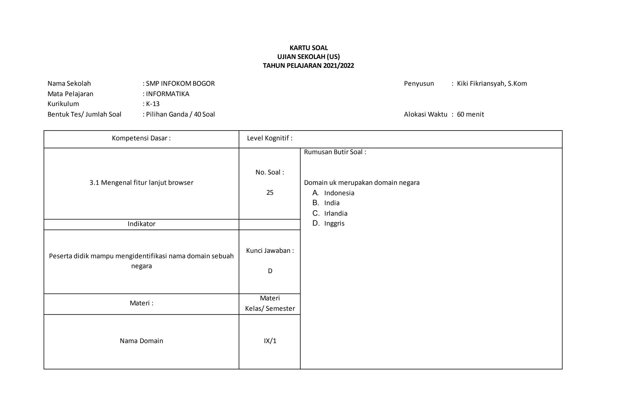 KARTU SOAL
UJIAN SEKOLAH (US)
TAHUN PELAJARAN 2021/2022
Nama Sekolah : SMP INFOKOMBOGOR Penyusun : Kiki Fikriansyah, S.Kom
Mata Pelajaran : INFORMATIKA
Kurikulum : K-13
Bentuk Tes/ Jumlah Soal : Pilihan Ganda / 40 Soal Alokasi Waktu : 60 menit
Kompetensi Dasar : Level Kognitif :
3.1 Mengenal fitur lanjut browser
No. Soal :
25
Rumusan Butir Soal :
Domain uk merupakan domain negara
A. Indonesia
B. India
C. Irlandia
D. Inggris
Indikator
Peserta didik mampu mengidentifikasi nama domain sebuah
negara
Kunci Jawaban :
D
Materi :
Materi
Kelas/ Semester
Nama Domain IX/1
 