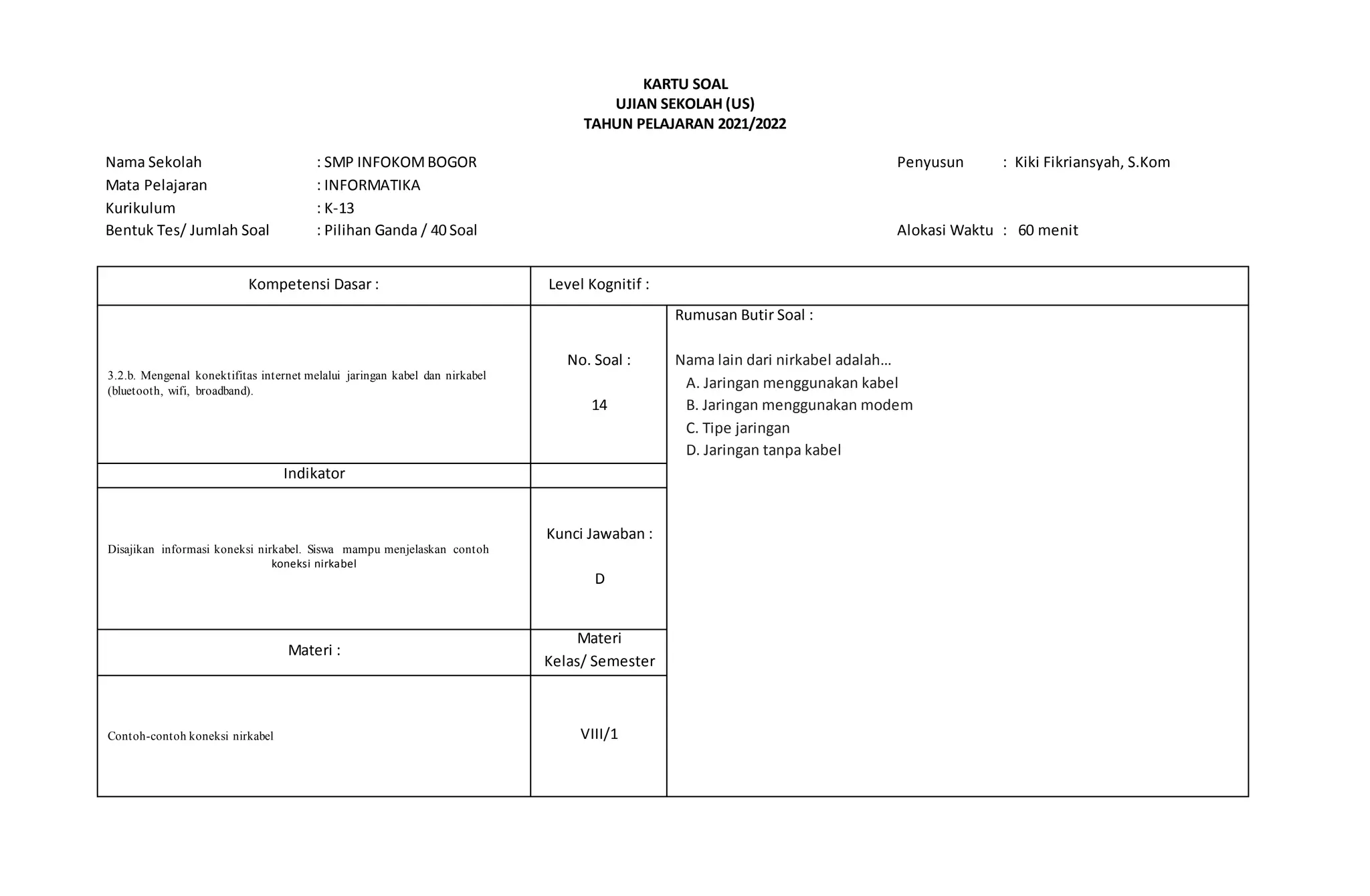KARTU SOAL
UJIAN SEKOLAH (US)
TAHUN PELAJARAN 2021/2022
Nama Sekolah : SMP INFOKOMBOGOR Penyusun : Kiki Fikriansyah, S.Kom
Mata Pelajaran : INFORMATIKA
Kurikulum : K-13
Bentuk Tes/ Jumlah Soal : Pilihan Ganda / 40 Soal Alokasi Waktu : 60 menit
Kompetensi Dasar : Level Kognitif :
3.2.b. Mengenal konektifitas internet melalui jaringan kabel dan nirkabel
(bluetooth, wifi, broadband).
No. Soal :
14
Rumusan Butir Soal :
Nama lain dari nirkabel adalah…
A. Jaringan menggunakan kabel
B. Jaringan menggunakan modem
C. Tipe jaringan
D. Jaringan tanpa kabel
Indikator
Disajikan informasi koneksi nirkabel. Siswa mampu menjelaskan contoh
koneksi nirkabel
Kunci Jawaban :
D
Materi :
Materi
Kelas/ Semester
Contoh-contoh koneksi nirkabel VIII/1
 