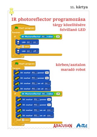 11. kártya
IR photoreflector programozása
tárgy közelítésére
felvillanó LED
körben/asztalon
maradó robot
 