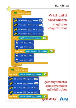 15. kártya
Wait until
használata
alagútban
világító robot
gombnyomástól
gombnyomásig
működő robot
 