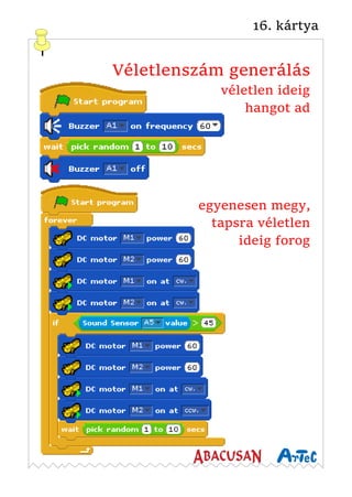 16. kártya
Véletlenszám generálás
véletlen ideig
hangot ad
egyenesen megy,
tapsra véletlen
ideig forog
 