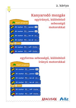 2. kártya
Kanyarodó mozgás
egyirányú, különböző
sebességű
motorokkal
egyforma sebességű, különböző
irányú motorokkal
 