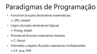 Paradigmas de Programação 
• Funcional (funções declarativas matemáticas) 
 LIPS, Haskell 
• Lógico (funções declarativas lógicas) 
 Prolog, Gödel 
• Procedural (funções imperativas lineares) 
 C, Pascal 
• Orientado a objetos (funções imperativas multiplexadas) 
 C#, Java, PHP 
 