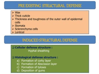 PRE EXISTING STRUCTURAL DEFENSE
INDUCEDSTRUCTURAL DEFENSE
 Wax
 Thick cuticle
 Thickness and toughness of the outer wall of epidermal
cells
 Stomata
 Sclerenchyma cells
 Lenticel
 Cellular defense structure :
Hyphal sheathing
 Histological defense structure :
a) Formation of corky layer
b) Formation of Abscission layer
c) Formation of tyloses
d) Deposition of gums
 