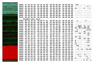 0000: 7F 45 4C 46 01 01 01 09 00 00 00 00 00 00 00 00 .ELF.... ........
0010: 02 00 03 00 01 00 00 00 00 84 04 08 34 00 00 00 ........ ....4...
0020: 64 3E 02 00 00 00 00 00 34 00 20 00 01 00 28 00 d>...... 4. ...(.
0030: 0C 00 09 00 01 00 00 00 00 00 00 00 00 80 04 08 ........ ........
0040: 00 80 04 08 2C 85 00 00 A0 C9 00 00 07 00 00 00 ....,... ........
0050: 00 10 00 00 00 00 00 00 00 00 00 00 00 00 00 00 ........ ........
0060: 00 00 00 00 00 00 00 00 00 00 00 00 00 00 00 00 ........ ........
0070: 00 00 00 00 00 00 00 00 00 00 00 00 00 00 00 00 ........ ........
... Skipped same lines ...
0400: BC A0 49 05 08 E8 17 01 00 00 50 E8 00 00 00 00 ..I..... ..P.....
0410: B8 01 00 00 00 EB 1C B8 03 00 00 00 EB 15 B8 04 ........ ........
0420: 00 00 00 EB 0E B8 05 00 00 00 EB 07 B8 06 00 00 ........ ........
0430: 00 EB 00 52 51 53 50 8B 54 24 1C 8B 4C 24 18 8B ...RQSP. T$..L$..
0440: 5C 24 14 8B 44 24 10 52 51 53 50 8B 44 24 10 F8 ¥$..D$.R QSP.D$..
0450: CD 80 73 07 83 F8 00 7E 02 F7 D8 5B 5B 5B 5B 5B ..s....~ ...[[[[[
0460: 5B 59 5A C3 83 EC 18 FF 74 24 1C E8 A0 FF FF FF [YZ..... t$......
0470: 83 EC 10 FF 74 24 1C FF 74 24 1C FF 74 24 1C E8 ....t$.. t$..t$..
0480: 93 FF FF FF 83 C4 1C C3 83 EC 10 FF 74 24 1C FF ........ ....t$..
0490: 74 24 1C FF 74 24 1C E8 82 FF FF FF 83 C4 1C C3 t$..t$.. ........
04A0: 83 EC 10 FF 74 24 1C FF 74 24 1C FF 74 24 1C E8 ....t$.. t$..t$..
04B0: 71 FF FF FF 83 C4 1C C3 83 EC 18 FF 74 24 1C E8 q....... ....t$..
04C0: 68 FF FF FF 83 C4 1C C3 83 EC 10 6A 3C 6A 00 FF h....... ...j<j..
04D0: 74 24 20 E8 C8 00 00 00 B8 00 00 00 00 83 C4 1C t$ ..... ........
04E0: C3 8B 44 24 08 C3 A1 04 FC 04 08 8B 54 24 04 01 ..D$.... ....T$..
04F0: C2 89 15 04 FC 04 08 C3 B8 01 00 00 00 C3 83 EC ........ ........
0500: 10 B8 9C 45 05 08 2D 40 05 05 08 50 6A 00 68 40 ...E..-@ ...Pj.h@
0510: 05 05 08 E8 88 00 00 00 B8 00 00 00 00 83 C4 1C ........ ........
0520: C3 83 EC 0C E8 D5 FF FF FF 83 EC 10 E8 08 00 00 ........ ........
0530: 00 89 04 24 E8 2F 00 00 00 55 89 E5 83 EC 08 83 ...$./.. .U......
0540: E4 F0 83 EC 14 68 A0 F3 04 08 FF 35 00 FC 04 08 .....h.. ...5....
0550: 68 AC F3 04 08 E8 EA 00 00 00 C7 04 24 00 00 00 h....... ....$...
0560: 00 E8 02 00 00 00 00 00 55 89 E5 53 83 EC 0C 6A ........ U..S...j
 