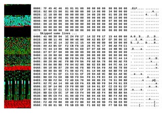 0000: 7F 45 4C 46 01 01 01 00 00 00 00 00 00 00 00 00 .ELF.... ........
0010: 02 00 C5 00 01 00 00 00 00 14 00 00 34 00 00 00 ........ ....4...
0020: 1C 18 00 00 00 00 00 00 34 00 20 00 01 00 28 00 ........ 4. ...(.
0030: 12 00 0F 00 01 00 00 00 00 00 00 00 00 10 00 00 ........ ........
0040: 00 10 00 00 04 0C 00 00 10 10 00 00 07 00 00 00 ........ ........
0050: 00 10 00 00 00 00 00 00 00 00 00 00 00 00 00 00 ........ ........
0060: 00 00 00 00 00 00 00 00 00 00 00 00 00 00 00 00 ........ ........
0070: 00 00 00 00 00 00 00 00 00 00 00 00 00 00 00 00 ........ ........
... Skipped same lines ...
0400: 41 00 30 04 1C 24 F0 17 14 32 F0 17 15 44 00 00 A.0..$.. .2...D..
0410: DD 0B 11 49 00 00 48 00 00 A3 B5 EF EF 30 06 1C ...I..H. .....0..
0420: 24 04 1C 14 32 04 1C 15 44 00 00 DD 08 39 00 00 $...2... D....9..
0430: 00 A3 B5 EF F2 CB F8 10 20 FC 9C 17 00 AD F0 C1 ........ .......
0440: FC 44 14 00 88 04 61 ED D7 D7 A8 06 16 8B 9E 10 .D....a. ........
0450: D7 D7 D7 00 00 00 00 00 00 00 00 00 00 00 00 00 ........ ........
0460: 10 20 00 00 00 00 00 00 00 00 00 00 00 00 00 00 . ...... ........
0470: 20 02 AE F8 BD F0 DA F0 A8 06 78 00 00 FC 44 14 ....... ..x...D.
0480: 00 20 06 AE F8 BD F0 DA F0 A8 0A 78 00 00 AE F8 . ...... ...x....
0490: 04 0A 00 BD F0 04 02 00 B8 02 E6 B8 04 FC 4A 14 ........ ......J.
04A0: 00 10 06 D7 20 04 AE F8 BD F0 DA F0 A8 08 78 00 .... ... ......x.
04B0: 00 88 0A 9D F1 98 02 FC 81 14 00 A8 0A BD F0 10 ........ ........
04C0: 04 D7 61 EF C1 C3 61 CF 20 04 A8 0C BD EA A8 0E ..a...a. .......
04D0: BD E8 FA E8 8B 9D F0 D4 F0 61 F8 EC 04 15 00 AE ........ .a......
04E0: F8 BD F2 DA F2 AD EA 78 00 00 8D F0 70 51 00 B8 .......x ....pQ..
04F0: 02 FC A4 14 00 A6 E8 FA E8 8B 9D F0 D4 F0 61 E8 ........ ......a.
0500: EC DF 14 00 C9 F0 00 00 10 04 61 EF C2 C0 61 CF ........ ..a...a.
0510: D7 61 EF C1 C3 C5 61 CF 20 14 A8 1E BD E8 A8 20 .a....a. ......
0520: BD EA C9 EC 1F 00 C9 F4 00 00 AD F4 B8 08 B8 0A ........ ........
0530: B8 06 C9 F4 01 00 AD F4 B8 04 A8 04 BD F4 A8 06 ........ ........
0540: BD F6 AD F4 06 F4 BD F0 AD F6 61 D8 A1 06 F6 BD ........ ..a.....
0550: F2 AD F0 B8 00 AD F2 B8 02 88 00 9D F5 5B E8 9D ........ .....[..
0560: F0 88 01 9D F6 5B E9 9D F1 88 02 9D F7 5B EA 9D .....[.. .....[..
 