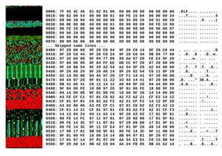 0000: 7F 45 4C 46 01 02 01 00 00 00 00 00 00 00 00 00 .ELF.... ........
0010: 00 02 00 54 00 00 00 01 00 FE 15 D4 00 00 00 34 ...T.... .......4
0020: 00 00 1B 90 00 00 00 00 00 34 00 20 00 01 00 28 ........ .4. ...(
0030: 00 0E 00 0B 00 00 00 01 00 00 00 00 00 FE 10 00 ........ ........
0040: 00 FE 10 00 00 00 08 08 00 00 08 08 00 00 00 07 ........ ........
0050: 00 00 10 00 00 00 00 00 00 00 00 00 00 00 00 00 ........ ........
0060: 00 00 00 00 00 00 00 00 00 00 00 00 00 00 00 00 ........ ........
0070: 00 00 00 00 00 00 00 00 00 00 00 00 00 00 00 00 ........ ........
... Skipped same lines ...
0400: 97 20 00 00 9F 20 C0 04 9F 20 C0 14 9F 20 C0 44 . ... .. . ... .D
0410: 9F 20 C0 44 9F 20 C0 24 9F 20 C0 44 9B 04 77 88 . .D. .$ . .D..w.
0420: 97 20 00 00 9F 84 77 88 99 AA 97 20 CE E4 9F 20 . ....w. ... ...
0430: 97 84 00 00 9F 84 FF EE DD CC 97 20 97 20 00 00 ........ ... . ..
0440: 9F 20 8B 54 9F 20 A2 54 A2 54 9F 20 A2 64 00 00 . .T. .T .T. .d..
0450: 9F 20 A0 24 9F 20 A0 14 9F 20 92 54 C0 11 9F 20 . .$. .. . .T...
0460: 92 14 00 00 04 44 97 20 CF F1 14 41 97 20 00 00 .....D. ...A. ..
0470: 04 44 97 20 9F 81 11 22 33 44 14 41 97 20 00 00 .D. ..." 3D.A. ..
0480: 8B 41 A0 41 C0 12 14 12 A0 84 9F 20 04 44 00 00 .A.A.... ... .D..
0490: 9F 84 00 FE 18 00 97 20 9F 81 00 FE 18 00 9F 20 ....... .......
04A0: 04 14 00 00 9F 81 00 FE 18 00 9F 20 14 14 00 00 ........ ... ....
04B0: A3 FE CF C1 97 81 C0 82 A2 F2 A2 21 CF E2 14 12 ........ ...!....
04C0: CF 81 97 81 C0 82 A2 F2 A2 21 CF F2 14 12 9F 20 ........ .!.....
04D0: A3 02 00 00 A3 FE CF C1 97 81 C0 82 A2 F2 A2 12 ........ ........
04E0: CF E1 14 21 CF 81 97 81 C0 83 A2 F3 A2 31 CF F3 ...!.... .....1..
04F0: 14 13 04 24 04 11 A2 14 9F 20 A3 02 17 81 9F 81 ...$.... . ......
0500: 00 FE 14 FC 97 11 07 81 97 20 00 00 17 81 9F 81 ........ . ......
0510: 00 FE 14 3C 97 11 07 81 97 20 00 00 17 81 9F 81 ...<.... . ......
0520: 00 FE 14 3C 9F 11 CF E4 07 81 9F 20 A0 14 00 00 ...<.... ... ....
0530: 17 08 17 81 8B 58 9F 81 00 FE 14 3C 9F 11 8B 54 .....X.. ...<...T
0540: 9F 81 00 FE 18 00 14 14 8B 84 07 81 9F 20 07 08 ........ ..... ..
0550: 17 81 97 14 07 81 97 20 AA 54 E3 01 C0 15 8B 54 ....... .T.....T
0560: 9F 20 A0 14 8B 42 C0 04 AA 24 FB 05 8B 41 A2 14 . ...B.. .$...A..
 