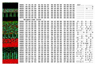 0000: 7F 45 4C 46 01 02 01 03 00 00 00 00 00 00 00 00 .ELF.... ........
0010: 00 02 00 0F 00 00 00 01 00 FE 16 94 00 00 00 34 ........ .......4
0020: 00 00 1C D4 00 00 02 10 00 34 00 20 00 01 00 28 ........ .4. ...(
0030: 00 10 00 0D 00 00 00 01 00 00 00 00 00 FE 10 00 ........ ........
0040: 00 FE 10 00 00 00 0C 08 00 00 0C 08 00 00 00 07 ........ ........
0050: 00 00 10 00 00 00 00 00 00 00 00 00 00 00 00 00 ........ ........
0060: 00 00 00 00 00 00 00 00 00 00 00 00 00 00 00 00 ........ ........
0070: 00 00 00 00 00 00 00 00 00 00 00 00 00 00 00 00 ........ ........
... Skipped same lines ...
0400: E8 40 C0 02 E8 40 C0 00 34 1C 00 00 E8 40 C0 00 .@...@.. 4....@..
0410: 34 1C 00 02 E8 40 C0 00 34 1C 00 08 E8 40 C0 00 4....@.. 4....@..
0420: 34 1C 00 08 E8 40 C0 00 34 1C 00 04 E8 40 C0 00 4....@.. 4....@..
0430: 34 1C 00 08 23 84 00 00 E8 40 C0 00 37 9C 2F 11 4...#... .@..7./.
0440: 23 84 8E F0 E8 40 C0 00 37 9C 33 54 E8 40 C0 00 #....@.. 7.3T.@..
0450: 34 1C 3F DD 23 96 CF FD E8 40 C0 00 37 9C 3B 98 4.?.#... .@..7.;.
0460: E8 40 C0 00 08 1A 02 5C E8 40 C0 00 08 19 02 5C .@.....¥ .@.....¥
0470: E8 40 C0 00 0B 3A 0A 1C 0B 3A 0A 19 E8 40 C0 00 .@...:.. .:...@..
0480: 0B 19 0A 1C E8 40 C0 00 37 5C 00 04 E8 40 C0 00 .....@.. 7¥...@..
0490: 37 5C 00 02 E8 40 C0 00 0B 3A 02 5C 08 1A 02 5C 7¥...@.. .:.¥...¥
04A0: E8 40 C0 00 D7 9F 1C 1F 0F 40 10 9C E8 40 C0 02 .@...... .@...@..
04B0: 34 13 01 FE 0F 53 12 80 E8 40 C0 02 0F 40 10 9C 4....S.. .@...@..
04C0: E8 40 C0 02 22 72 02 24 36 73 26 89 0F 53 12 80 .@.."r.$ 6s&..S..
04D0: E8 40 C0 02 34 13 00 02 0F 53 12 88 E8 40 C0 00 .@..4... .S...@..
04E0: 0F 50 10 9C 2B 60 00 00 E8 40 C0 00 34 3C 00 00 .P..+`.. .@..4<..
04F0: 2B 60 00 00 E8 40 C0 00 48 3C 00 00 2B 60 00 00 +`...@.. H<..+`..
0500: E8 40 C0 00 68 3A 00 00 37 DE 00 80 34 13 01 FC .@..h:.. 7...4...
0510: 6B D3 3F 91 34 13 01 FE 6B D3 3F 99 E8 40 C0 00 k.?.4... k.?..@..
0520: 37 DE 3F 81 37 DE 00 80 34 13 01 FC 6B D3 3F 91 7.?.7... 4...k.?.
0530: 34 13 01 FE 6B D3 3F 99 4B D3 3F 91 4B DC 3F 99 4...k.?. K.?.K.?.
0540: 0B 93 0A 1C E8 40 C0 00 37 DE 3F 81 6B C2 3F D9 .....@.. 7.?.k.?.
0550: E8 5F 1F ED 37 DE 00 80 4B C2 3F 59 E8 40 C0 00 ._..7... K.?Y.@..
0560: 37 DE 3F 81 6B C2 3F D9 E8 5F 1D E5 37 DE 00 80 7.?.k.?. ._..7...
 
