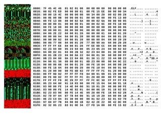 0000: 7F 45 4C 46 01 02 01 00 00 00 00 00 00 00 00 00 .ELF.... ........
0010: 00 02 FE ED 00 00 00 01 00 FE 15 EE 00 00 00 34 ........ .......4
0020: 00 00 19 4C 00 00 00 00 00 34 00 20 00 02 00 28 ...L.... .4. ...(
0030: 00 0E 00 0B 00 00 00 01 00 00 00 00 00 FE 13 80 ........ ........
0040: 00 FE 13 80 00 00 02 6A 00 00 02 6A 00 00 00 05 .......j ...j....
0050: 00 00 00 01 00 00 00 01 00 00 02 6C 00 FE 18 00 ........ ...l....
0060: 00 FE 18 00 00 00 00 08 00 00 00 08 00 00 00 06 ........ ........
0070: 00 00 00 01 00 00 00 00 00 00 00 00 00 00 00 00 ........ ........
0080: 04 00 2E 22 04 00 01 20 00 00 00 01 04 00 01 20 ..."... .......
0090: 00 00 00 04 04 00 01 20 00 00 00 04 04 00 01 20 ....... .......
00A0: 00 00 00 02 04 00 01 20 00 00 00 04 04 00 20 20 ....... ......
00B0: 00 00 77 88 04 00 01 20 77 88 99 AA 04 00 20 20 ..w.... w.....
00C0: FF FF FF EE 04 00 01 20 FF EE DD CC 04 00 04 00 ....... ........
00D0: 02 23 04 00 05 23 04 00 05 23 05 24 04 00 82 02 .#...#.. .#.$....
00E0: 04 00 82 01 04 00 2B 32 02 23 04 00 01 30 00 00 ......+2 .#...0..
00F0: 00 01 2B 23 04 00 0A 22 04 00 01 30 00 00 00 FF ..+#..." ...0....
0100: 0B 23 04 00 0A 22 04 00 01 30 11 22 33 44 0B 23 .#...".. .0."3D.#
0110: 04 00 01 30 00 00 00 01 0D 23 00 00 00 04 0C 22 ...0.... .#....."
0120: 00 00 00 08 04 00 01 20 00 FE 18 04 04 00 08 20 ....... .......
0130: 00 FE 18 04 04 00 09 20 00 FE 18 04 04 00 91 08 ....... ........
0140: 01 20 00 00 00 FE 0D 02 FF FF FF FC 01 20 00 00 . ...... ..... ..
0150: 00 FF 0D 02 FF FF FF F8 04 00 91 08 01 20 00 00 ........ ..... ..
0160: 00 FE 0D 02 FF FF FF FC 01 20 00 00 00 FF 0D 02 ........ . ......
0170: FF FF FF F8 0C 20 FF FF FF FC 0C 30 FF FF FF F8 ..... .. ...0....
0180: 05 23 04 00 91 18 03 00 00 FE 15 04 04 00 91 18 .#...... ........
0190: 03 00 00 FE 14 4E 04 00 91 18 01 20 00 00 00 FE .....N.. ... ....
01A0: 03 00 00 FE 14 4E 82 01 04 00 06 18 91 18 02 83 .....N.. ........
01B0: 02 23 03 00 00 FE 14 4E 09 20 00 FE 18 04 02 28 .#.....N . .....(
01C0: 02 70 97 04 07 78 04 00 91 18 19 20 04 00 06 1B .p...x.. ... ....
01D0: 0E 23 C4 04 01 30 00 00 00 01 02 23 82 01 02 70 .#...0.. ...#...p
01E0: 97 04 07 7B 04 00 06 1B 02 42 2E 22 0E 42 DC 09 ...{.... .B.".B..
01F0: 02 32 05 23 83 01 0E 34 C7 FD 1A 00 00 FE 15 82 .2.#...4 ........
 