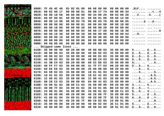 0000: 7F 45 4C 46 01 02 01 00 00 00 00 00 00 00 00 00 .ELF.... ........
0010: 00 02 00 17 00 00 00 01 00 00 17 74 00 00 00 34 ........ ...t...4
0020: 00 00 18 58 00 00 00 00 00 34 00 20 00 03 00 28 ...X.... .4. ...(
0030: 00 0F 00 0C 00 00 00 01 00 00 01 00 00 00 14 00 ........ ........
0040: 00 00 14 00 00 00 03 70 00 00 03 70 00 00 00 05 .......p ...p....
0050: 00 00 00 80 00 00 00 01 00 00 04 80 00 00 18 00 ........ ........
0060: 00 00 18 00 00 00 00 20 00 00 00 20 00 00 00 06 ....... ... ....
0070: 00 00 00 80 00 00 00 04 00 00 17 A0 00 00 18 30 ........ .......0
0080: 00 00 18 30 00 00 00 20 00 00 00 00 00 00 00 04 ...0... ........
0090: 00 00 00 10 00 00 00 00 00 00 00 00 00 00 00 00 ........ ........
00A0: 00 00 00 00 00 00 00 00 00 00 00 00 00 00 00 00 ........ ........
00B0: 00 00 00 00 00 00 00 00 00 00 00 00 00 00 00 00 ........ ........
... Skipped same lines ...
0100: 35 00 00 00 00 20 00 00 40 80 00 03 35 00 00 00 5.... .. @...5...
0110: 40 80 00 83 35 00 00 00 40 80 02 03 35 00 00 00 @...5... @...5...
0120: 40 80 02 03 35 00 00 00 40 80 01 03 35 00 00 00 @...5... @...5...
0130: 40 80 02 03 35 00 00 00 40 BB C4 03 35 00 00 00 @...5... @...5...
0140: 41 3B C4 03 00 20 00 00 60 CC D5 03 35 00 00 00 A;... .. `...5...
0150: 40 FF F7 03 35 00 00 00 41 7F F7 03 00 20 00 00 @...5... A.... ..
0160: 60 EE E6 03 35 00 00 00 35 00 00 00 00 20 00 00 `...5... 5.... ..
0170: 04 00 02 03 35 00 00 00 18 01 01 83 35 00 00 00 ....5... ....5...
0180: 18 01 01 83 00 20 00 00 18 01 41 83 35 00 00 00 ..... .. ..A.5...
0190: 1C 00 81 83 35 00 00 00 1C 00 41 83 35 00 00 00 ....5... ..A.5...
01A0: 08 20 C2 03 35 00 00 00 04 00 41 83 35 00 00 00 . ..5... ..A.5...
01B0: 34 00 01 82 3B 80 C1 03 35 00 00 00 00 20 00 00 4...;... 5.... ..
01C0: 40 80 7F 84 34 00 01 82 3E C0 01 85 B0 C0 82 05 @...4... >.......
01D0: 24 00 01 86 35 00 00 00 34 00 01 82 3B 80 C1 03 $...5... 4...;...
01E0: 35 00 00 00 00 20 00 00 40 20 00 7F 35 80 00 09 5.... .. @ ..5...
01F0: 41 08 91 04 34 00 01 82 40 20 00 7F 3E C0 01 85 A...4... @ ..>...
0200: 60 99 A2 04 40 20 00 7F B0 C0 82 05 24 00 01 86 `...@ .. ....$...
0210: 35 00 00 00 00 20 00 00 40 80 02 04 3E C1 01 86 5.... .. @...>...
0220: 40 80 00 85 35 80 00 08 40 80 04 09 38 81 01 82 @...5... @...8...
 