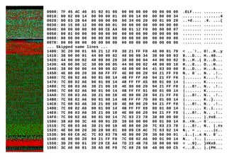 0000: 7F 45 4C 46 01 02 01 00 00 00 00 00 00 00 00 00 .ELF.... ........
0010: 00 02 00 14 00 00 00 01 00 00 14 00 00 00 00 34 ........ .......4
0020: 00 03 2B 64 00 00 00 00 00 34 00 20 00 01 00 28 ..+d.... .4. ...(
0030: 00 15 00 12 00 00 00 01 00 00 00 00 00 00 00 00 ........ ........
0040: 00 00 00 00 00 00 CE A4 00 01 12 F0 00 00 00 07 ........ ........
0050: 00 01 00 00 00 00 00 00 00 00 00 00 00 00 00 00 ........ ........
0060: 00 00 00 00 00 00 00 00 00 00 00 00 00 00 00 00 ........ ........
0070: 00 00 00 00 00 00 00 00 00 00 00 00 00 00 00 00 ........ ........
... Skipped same lines ...
1400: 3C 20 00 01 60 21 12 F0 38 21 FF F0 48 00 01 79 < ..`!.. 8!..H..y
1410: 38 00 00 01 44 00 00 02 48 00 00 34 38 00 00 03 8...D... H..48...
1420: 44 00 00 02 48 00 00 28 38 00 00 04 44 00 00 02 D...H..( 8...D...
1430: 48 00 00 1C 38 00 00 05 44 00 00 02 48 00 00 10 H...8... D...H...
1440: 38 00 00 06 44 00 00 02 48 00 00 04 41 83 00 08 8...D... H...A...
1450: 4E 80 00 20 38 60 FF FF 4E 80 00 20 94 21 FF F0 N.. 8`.. N.. .!..
1460: 7C 08 02 A6 90 01 00 14 4B FF FF A9 94 21 FF F0 |....... K....!..
1470: 7C 08 02 A6 90 01 00 14 4B FF FF A5 80 01 00 14 |....... K.......
1480: 7C 08 03 A6 38 21 00 10 4E 80 00 20 94 21 FF F0 |...8!.. N.. .!..
1490: 7C 08 02 A6 90 01 00 14 4B FF FF 91 80 01 00 14 |....... K.......
14A0: 7C 08 03 A6 38 21 00 10 4E 80 00 20 94 21 FF F0 |...8!.. N.. .!..
14B0: 7C 08 02 A6 90 01 00 14 4B FF FF 7D 80 01 00 14 |....... K..}....
14C0: 7C 08 03 A6 38 21 00 10 4E 80 00 20 94 21 FF F0 |...8!.. N.. .!..
14D0: 7C 08 02 A6 90 01 00 14 4B FF FF 69 80 01 00 14 |....... K..i....
14E0: 7C 08 03 A6 38 21 00 10 4E 80 00 20 94 21 FF F0 |...8!.. N.. .!..
14F0: 7C 08 02 A6 90 01 00 14 7C 83 23 78 38 80 00 00 |....... |.#x8...
1500: 38 A0 00 3C 48 00 01 2D 38 60 00 00 80 01 00 14 8..<H..- 8`......
1510: 7C 08 03 A6 38 21 00 10 4E 80 00 20 7C 83 23 78 |...8!.. N.. |.#x
1520: 4E 80 00 20 3D 20 00 01 80 09 C8 AC 7C 63 02 14 N.. = .. ....|c..
1530: 90 69 C8 AC 7C 03 03 78 4E 80 00 20 38 60 00 01 .i..|..x N.. 8`..
1540: 4E 80 00 20 94 21 FF F0 7C 08 02 A6 90 01 00 14 N.. .!.. |.......
1550: 3D 20 00 01 39 29 CE A4 7D 23 4B 78 38 80 00 00 = ..9).. }#Kx8...
1560: 3C A0 00 01 38 A5 0E F0 7C A9 28 50 48 00 00 C5 <...8... |.(PH...
 
