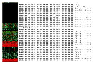 0000: 7F 45 4C 46 02 01 01 00 00 00 00 00 00 00 00 00 .ELF.... ........
0010: 02 00 32 00 01 00 00 00 44 19 FE 00 00 00 00 00 ..2..... D.......
0020: 40 00 00 00 00 00 00 00 18 2B 00 00 00 00 00 00 @....... .+......
0030: 10 00 00 00 40 00 38 00 02 00 40 00 0F 00 0C 00 ....@.8. ..@.....
0040: 01 00 00 00 07 00 00 00 00 00 00 00 00 00 00 00 ........ ........
0050: 00 00 FE 00 00 00 00 00 00 00 FE 00 00 00 00 00 ........ ........
0060: 10 1C 00 00 00 00 00 00 10 1C 00 00 00 00 00 00 ........ ........
0070: 00 00 01 00 00 00 00 00 01 00 00 70 04 00 00 00 ........ ...p....
0080: 10 1A 00 00 00 00 00 00 10 1A FE 00 00 00 00 00 ........ ........
0090: 10 1A FE 00 00 00 00 00 90 00 00 00 00 00 00 00 ........ ........
00A0: 90 00 00 00 00 00 00 00 08 00 00 00 00 00 00 00 ........ ........
00B0: 00 00 00 00 00 00 00 00 00 00 00 00 00 00 00 00 ........ ........
00C0: 00 00 00 00 00 00 00 00 00 00 00 00 00 00 00 00 ........ ........
... Skipped same lines ...
1400: 11 00 00 00 01 00 00 00 00 02 00 80 08 00 84 00 ........ ........
1410: 11 40 00 00 00 21 00 00 00 02 00 80 08 00 84 00 .@...!.. ........
1420: 11 40 04 00 00 24 00 00 00 02 00 80 08 00 84 00 .@...$.. ........
1430: 11 40 10 00 00 24 00 00 00 02 00 80 08 00 84 00 .@...$.. ........
1440: 11 40 20 00 00 24 00 00 00 02 00 80 08 00 84 00 .@ ..$.. ........
1450: 11 40 08 00 00 24 00 00 00 02 00 80 08 00 84 00 .@...$.. ........
1460: 11 40 20 00 00 24 00 00 00 02 00 80 08 00 84 00 .@ ..$.. ........
1470: 11 40 20 00 EF 24 00 00 00 02 00 80 08 00 84 00 .@ ..$.. ........
1480: 04 00 00 00 01 80 77 00 00 00 00 00 A1 02 CD 64 ......w. .......d
1490: 11 00 00 00 01 00 00 00 00 02 00 80 08 00 84 00 ........ ........
14A0: 11 40 B8 F9 FF 27 00 00 00 02 00 80 08 00 84 00 .@...'.. ........
14B0: 04 00 00 00 01 C0 FF 00 00 00 00 00 C1 D4 ED 66 ........ .......f
14C0: 11 00 00 00 01 00 00 00 00 02 00 80 08 00 84 00 ........ ........
14D0: 11 40 00 40 00 21 00 00 00 02 00 80 08 00 84 00 .@.@.!.. ........
14E0: 11 40 00 42 00 21 00 00 00 02 00 80 08 00 84 00 .@.B.!.. ........
14F0: 11 40 80 42 00 20 00 00 00 02 00 80 08 00 84 00 .@.B. .. ........
1500: 0A 40 80 42 00 20 80 40 88 00 40 00 00 00 04 00 .@.B. .@ ..@.....
1510: 11 00 00 00 01 00 00 00 00 02 00 80 08 00 84 00 ........ ........
 