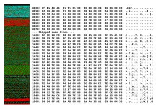 0000: 7F 45 4C 46 01 01 01 00 00 00 00 00 00 00 00 00 .ELF.... ........
0010: 02 00 4C 00 01 00 00 00 00 14 00 00 34 00 00 00 ..L..... ....4...
0020: 6C F8 04 00 01 00 00 00 34 00 20 00 01 00 28 00 l....... 4. ...(.
0030: 12 00 0F 00 01 00 00 00 00 00 00 00 00 00 00 00 ........ ........
0040: 00 00 00 00 BC B8 00 00 10 FD 00 00 07 00 00 00 ........ ........
0050: 00 20 00 00 00 00 00 00 00 00 00 00 00 00 00 00 . ...... ........
0060: 00 00 00 00 00 00 00 00 00 00 00 00 00 00 00 00 ........ ........
0070: 00 00 00 00 00 00 00 00 00 00 00 00 00 00 00 00 ........ ........
... Skipped same lines ...
1400: 6F EE 10 FD 00 00 3F BD 30 15 00 00 0F 05 41 92 o.....?. 0.....A.
1410: 3D E9 7F B6 0F 05 43 92 3D E9 7F B6 0F 05 44 92 =.....C. =.....D.
1420: 3D E9 7F B6 0F 05 6F BE 42 02 00 00 45 92 3D E9 =.....o. B...E.=.
1430: 7F B6 0F 05 46 92 3D E9 7F B6 0F 05 84 E2 7E BA ....F.=. ......~.
1440: 3F BD 0E 14 00 00 84 E2 7E BA 3F BD 16 14 00 00 ?....... ~.?.....
1450: 3E 0D 84 E2 7E BA 3F BD 1E 14 00 00 3E 0D 84 E2 >...~.?. ....>...
1460: 7E BA 3F BD 26 14 00 00 3E 0D 84 E2 7E BA 3F BD ~.?.&... >...~.?.
1470: 34 14 00 00 3E 0D 84 E2 7E BA 6B A6 7B 86 4F CC 4...>... ~.k.{.O.
1480: 3C 00 3F BD 7C 15 00 00 7A 86 3E 0D 7F B6 6B A6 <.?.|... z.>...k.
1490: 6F 9E 00 B0 00 00 69 9A 29 A6 7F 0D 00 B0 00 00 o.....i. ).......
14A0: EA AB 7F B6 69 A6 7F B6 41 A2 84 E2 7E BA 3F BD ....i... A...~.?.
14B0: 46 14 00 00 3E 0D 84 E2 7E BA 3F BD 52 14 00 00 F...>... ~.?.R...
14C0: 3E 0D 84 E2 7E BA 3F BD 5E 14 00 00 3E 0D 84 E2 >...~.?. ^...>...
14D0: 7E BA 3F BD 6A 14 00 00 3E 0D 84 E2 7E BA 3F BD ~.?.j... >...~.?.
14E0: 76 14 00 00 3E 0D 84 E2 7E BA 3F BD 8C 14 00 00 v...>... ~.?.....
14F0: 3E 0D 84 E2 7E BA 3F BD 90 14 00 00 3E 0D 84 E2 >...~.?. ....>...
1500: 7E BA 3F BD A6 14 00 00 3E 0D 84 E2 7E BA 6F AE ~.?..... >...~.o.
1510: B4 AB 00 00 6F BE 04 B0 00 00 6B BA 6F CE E0 AB ....o... ..k.o...
1520: 00 00 3F BD 32 17 00 00 7A 86 3F BD 50 15 00 00 ..?.2... z.?.P...
1530: 84 E2 7E BA 6F AE BC B8 00 00 7B 86 6F CE 04 F9 ..~.o... ..{.o...
1540: 00 00 AA C6 3F BD 7C 15 00 00 3F BD 0A 15 00 00 ....?.|. ..?.....
1550: 84 E2 7E BA 84 E2 EE 0B 6A 06 7B 86 3F BD 70 35 ..~..... j.{.?.p5
1560: 00 00 6F AE EA AB 00 00 6A AA 39 A1 69 9A 04 30 ..o..... j.9.i..0
 